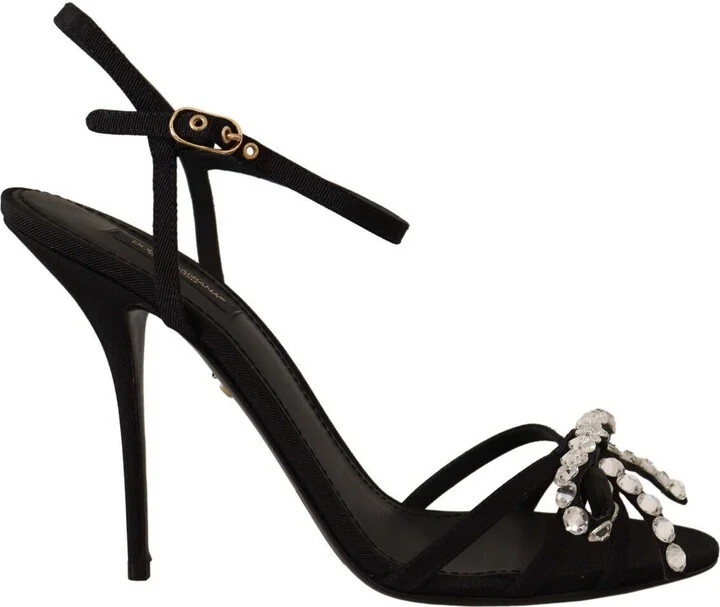 Black Crystals Ankle Strap Heels Sandals Women's Shoes