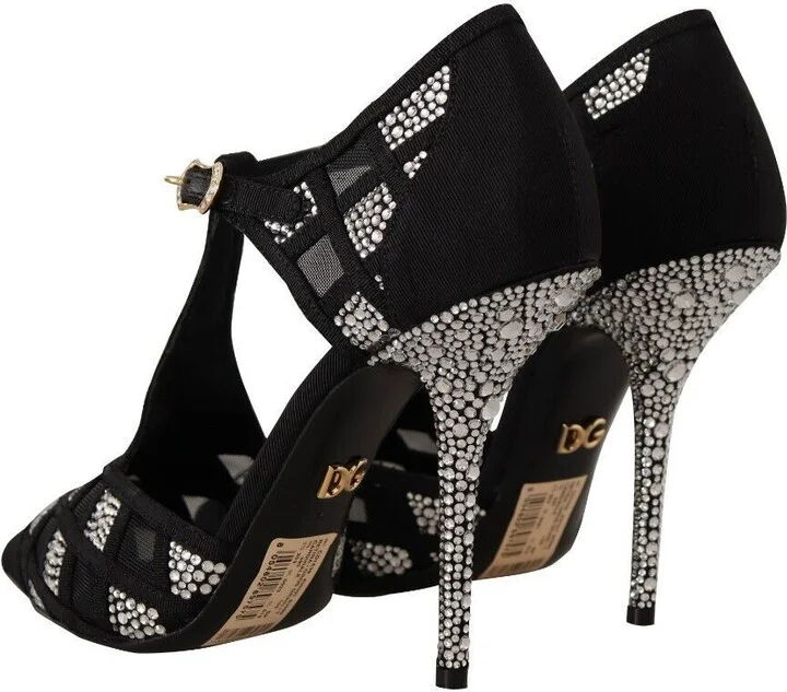 Black Crystals T-strap Heels Pumps Women's Shoes - Image 3