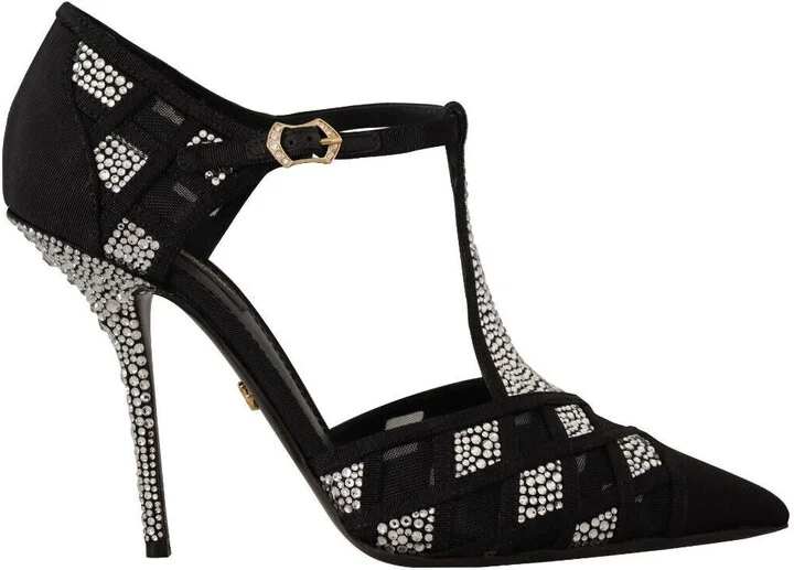 Black Crystals T-strap Heels Pumps Women's Shoes