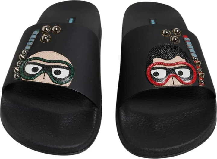 Black Divers Leather Flats Slides Sandals Beachwear Men's Shoes - Image 2