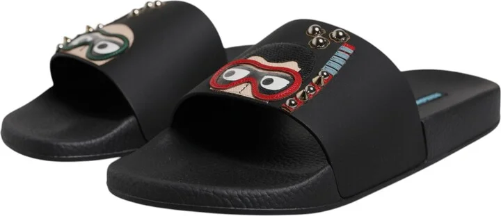 Black Divers Leather Flats Slides Sandals Beachwear Men's Shoes