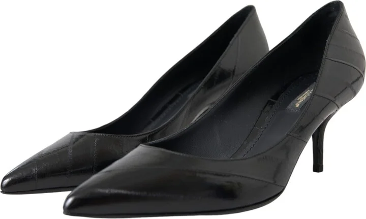 Black Eel Leather Kitten Heels Pumps Women's Shoes (Pre-Owned) - Image 3