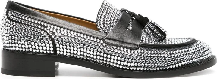 Black Embellished Leather Loafers