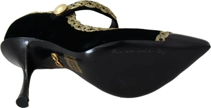 Black Embellished Velvet Mary Jane Pumps Women's Shoes - Image 3