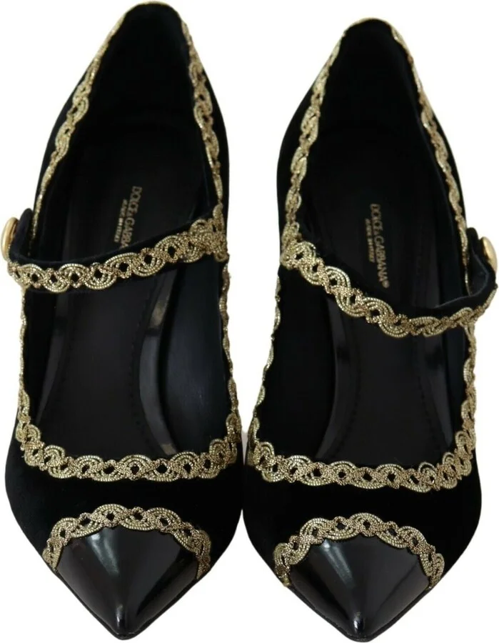 Black Embellished Velvet Mary Jane Pumps Women's Shoes - Image 5