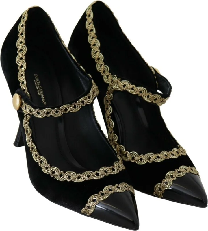 Black Embellished Velvet Mary Jane Pumps Women's Shoes - Image 6