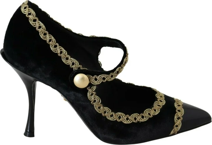 Black Embellished Velvet Mary Jane Pumps Women's Shoes