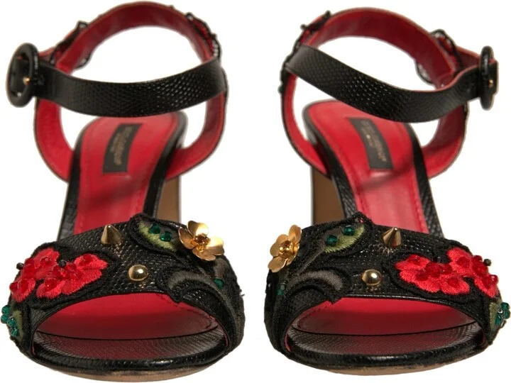 Black Embossed Carnation Heeled Sandals Women's Shoes (Pre-Owned) - Image 2