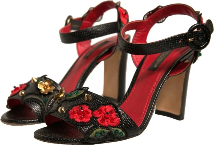 Black Embossed Carnation Heeled Sandals Women's Shoes (Pre-Owned) - Image 3