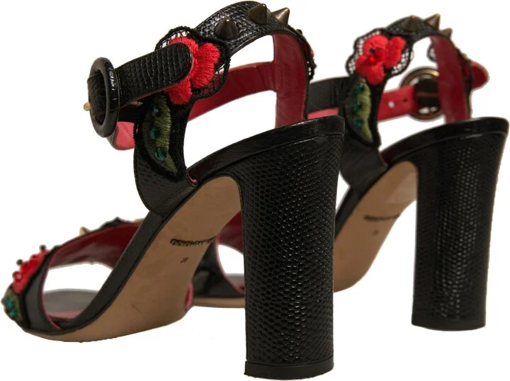 Black Embossed Carnation Heeled Sandals Women's Shoes (Pre-Owned) - Image 4