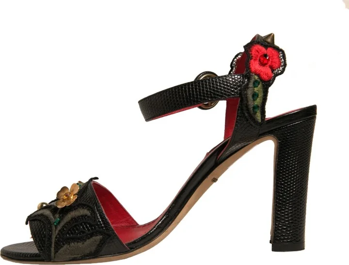 Black Embossed Carnation Heeled Sandals Women's Shoes (Pre-Owned) - Image 5