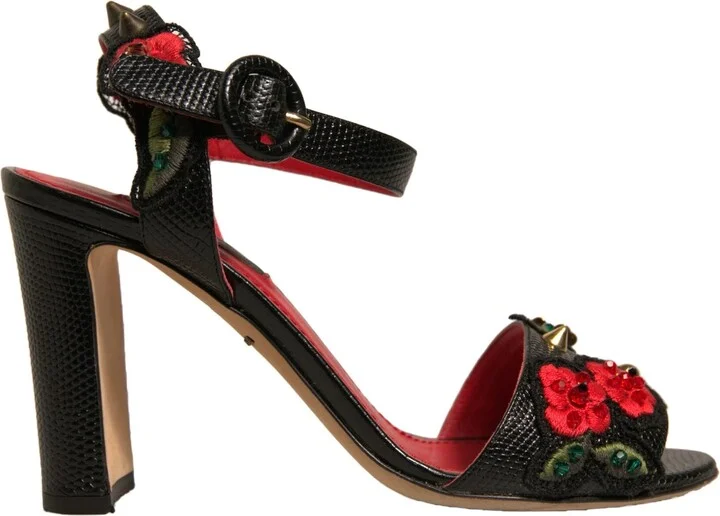 Black Embossed Carnation Heeled Sandals Women's Shoes (Pre-Owned)