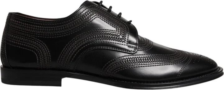 Black Embroidered Classic Leather Derby Dress Men's Shoes