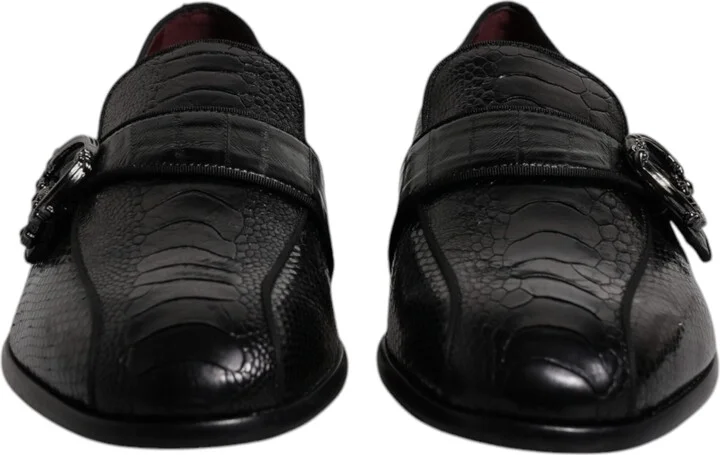 Black Exotic Leather DG Logo Loafers Formal Dress Men's Shoes - Image 2