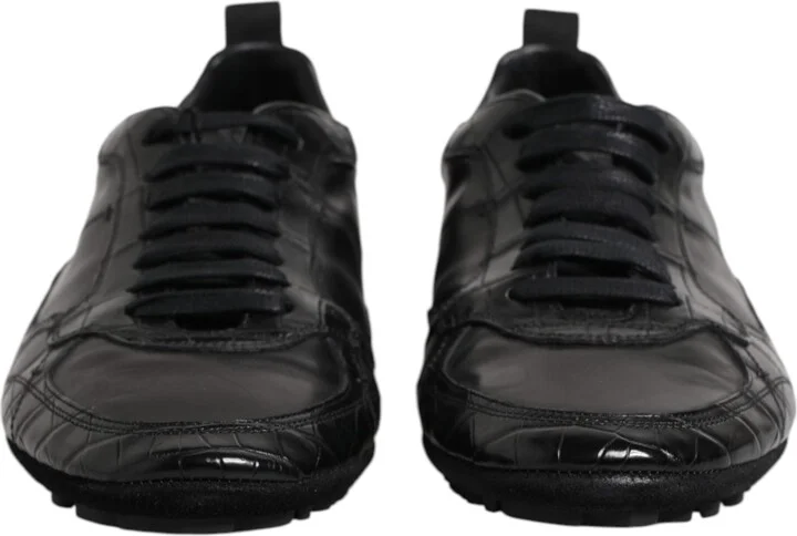 Black Exotic Leather Low Top Sneakers Men's Shoes - Image 2