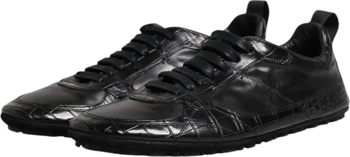 Black Exotic Leather Low Top Sneakers Men's Shoes - Image 4