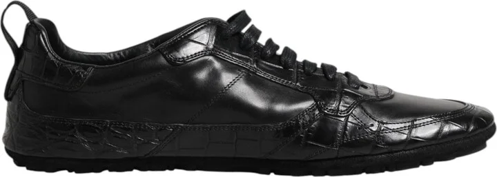 Black Exotic Leather Low Top Sneakers Men's Shoes