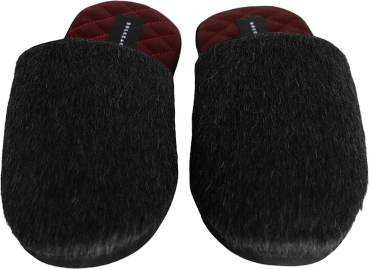 Black Faux Fur Slides Slippers Slip On Men's Shoes - Image 2