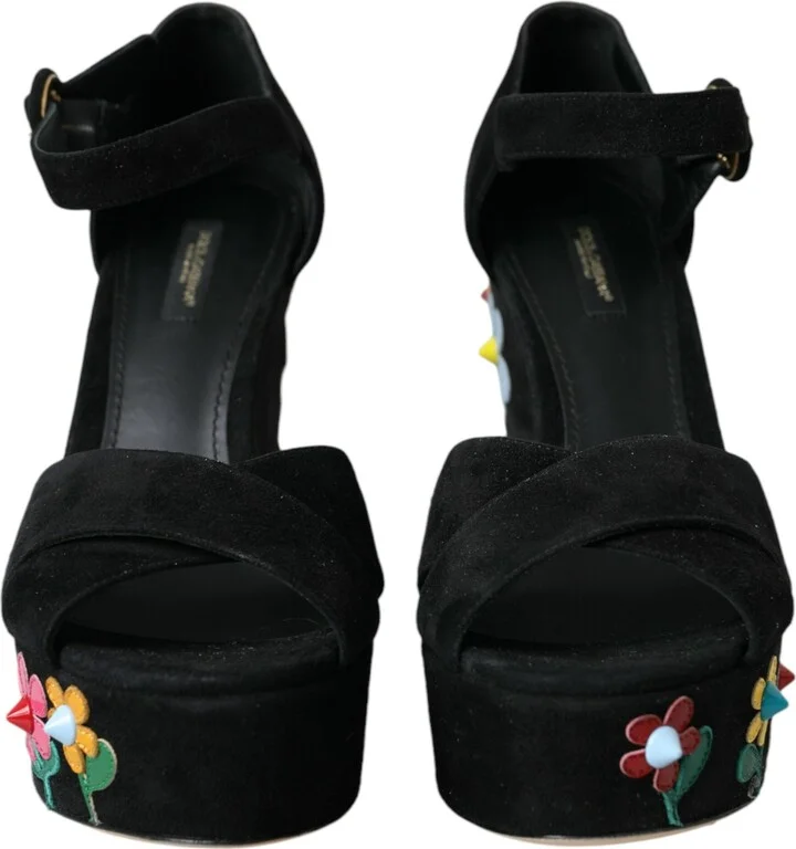 Black Floral Ankle Strap Heels Sandals Women's Shoes - Image 2