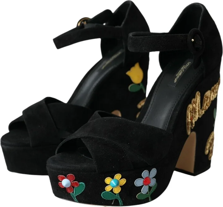Black Floral Ankle Strap Heels Sandals Women's Shoes - Image 3