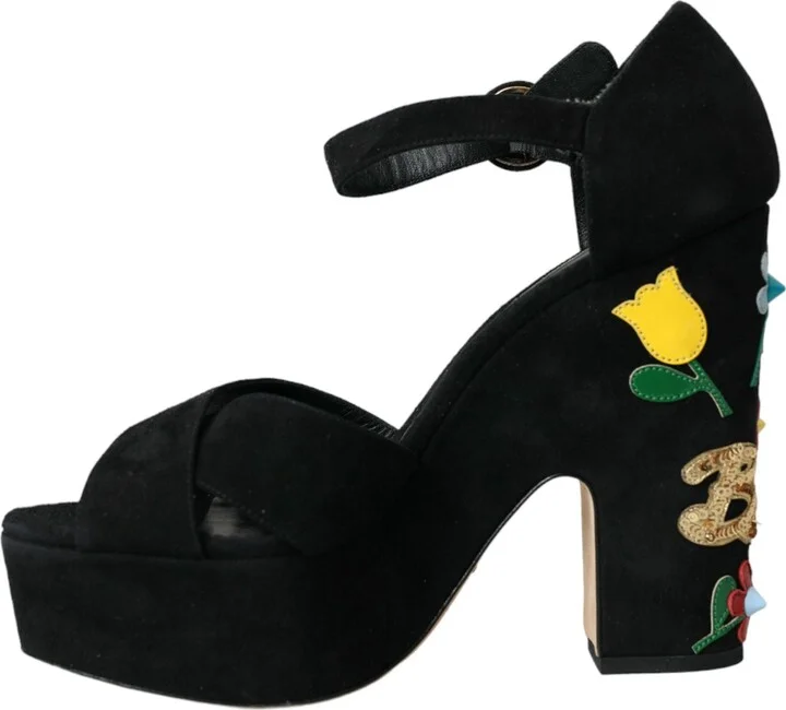 Black Floral Ankle Strap Heels Sandals Women's Shoes - Image 4
