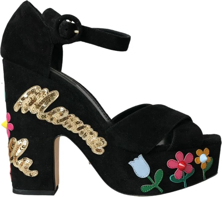 Black Floral Ankle Strap Heels Sandals Women's Shoes