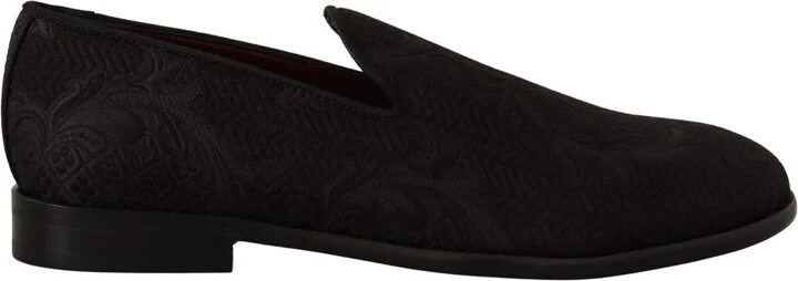 Black Floral Brocade Slippers Loafers Men's Shoes
