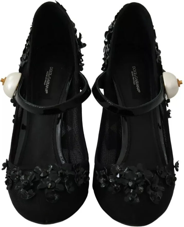 Black Floral Embellish Heels Mary Janes Pumps Women's Shoes (Pre-Owned) - Image 3