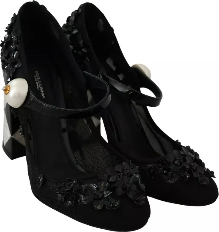 Black Floral Embellish Heels Mary Janes Pumps Women's Shoes (Pre-Owned) - Image 5