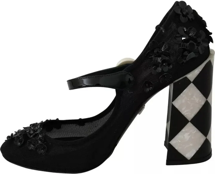 Black Floral Embellish Heels Mary Janes Pumps Women's Shoes (Pre-Owned) - Image 6
