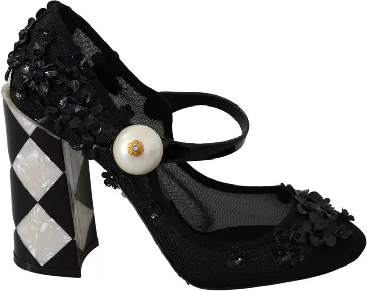 Black Floral Embellish Heels Mary Janes Pumps Women's Shoes (Pre-Owned)