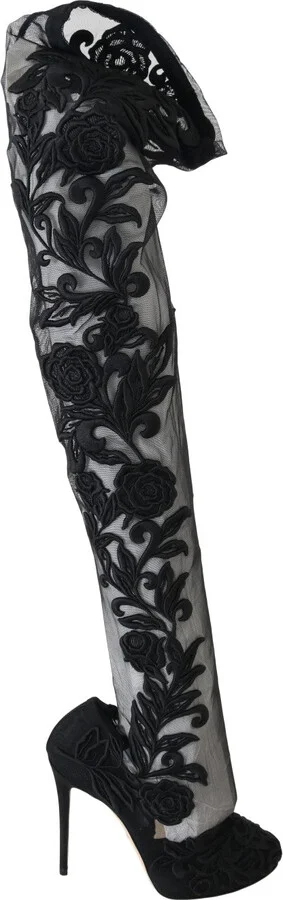 Black Floral Embroidered Socks Women's Boots