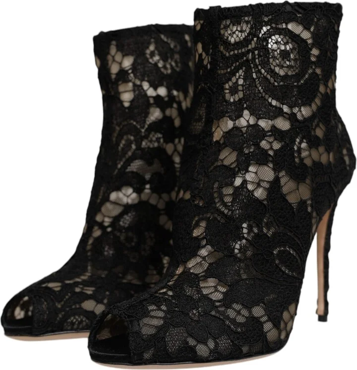 Black Floral Lace Heels Ankle Boots Women's Shoes (Pre-Owned) - Image 3