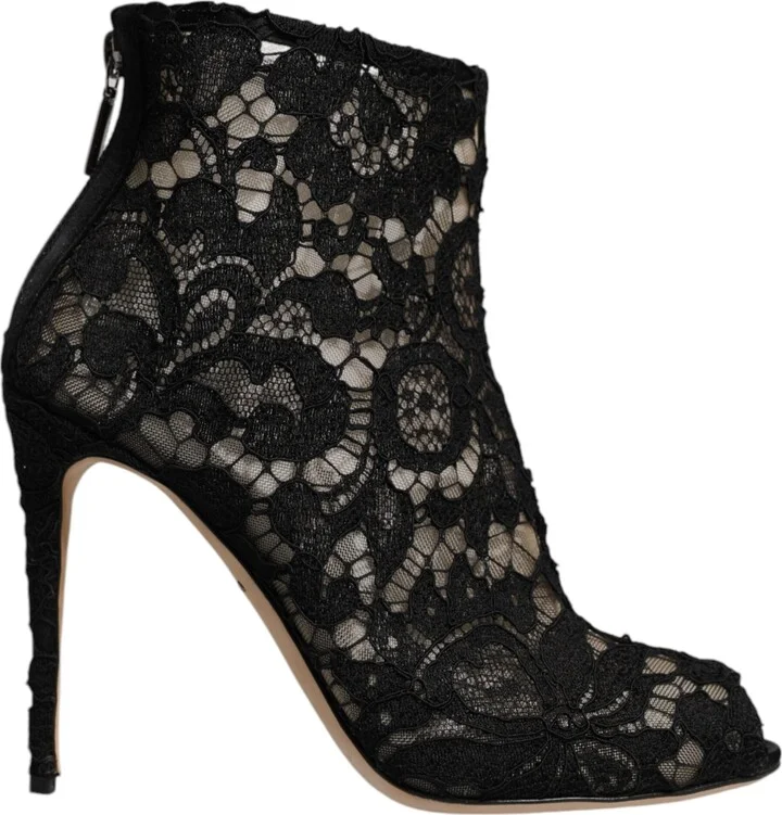 Black Floral Lace Heels Ankle Boots Women's Shoes (Pre-Owned)