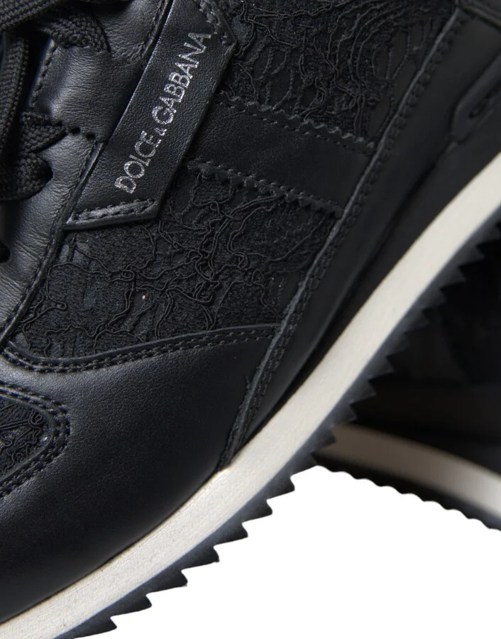 Black Floral Lace Leather Sneakers Women's Shoes - Image 2