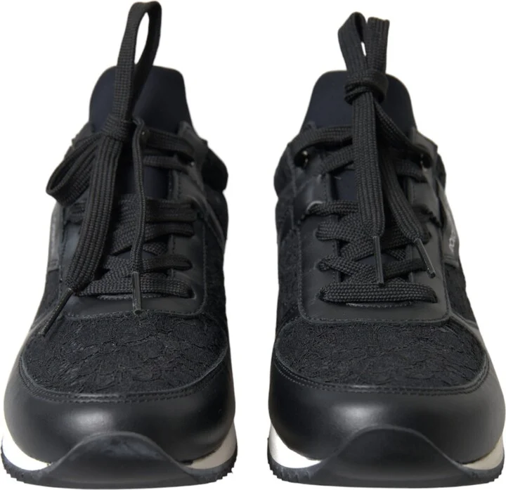 Black Floral Lace Leather Sneakers Women's Shoes - Image 4