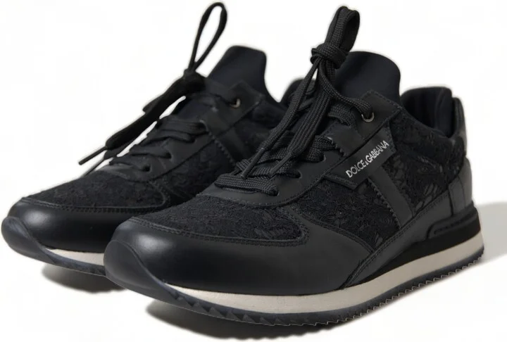 Black Floral Lace Leather Sneakers Women's Shoes - Image 5