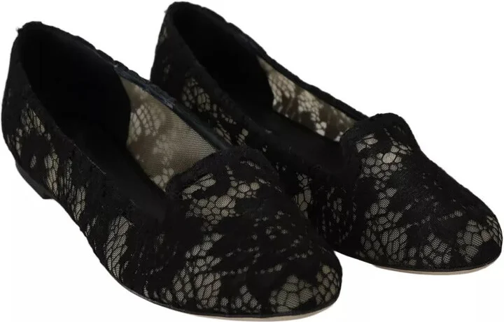 Black Floral Lace Loafers Flats Women's Shoes (Pre-Owned) - Image 4