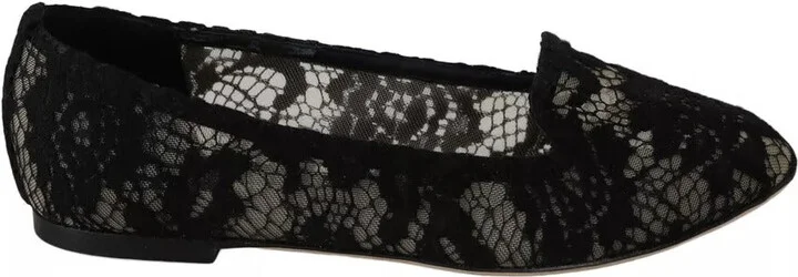 Black Floral Lace Loafers Flats Women's Shoes (Pre-Owned)