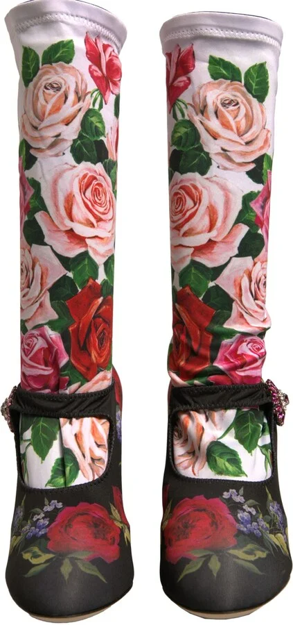 Black Floral Socks Crystal Boots Jersey Women's Shoes - Image 2