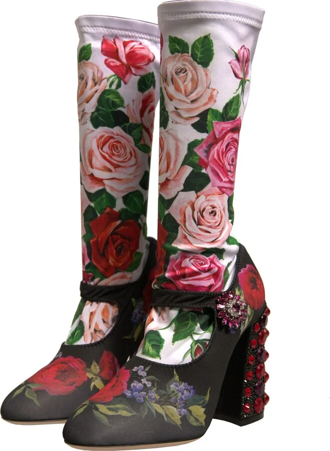Black Floral Socks Crystal Boots Jersey Women's Shoes - Image 3