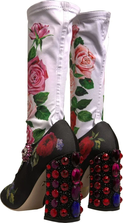 Black Floral Socks Crystal Boots Jersey Women's Shoes - Image 4