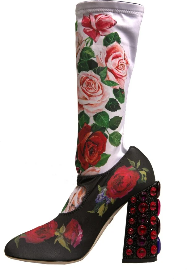 Black Floral Socks Crystal Boots Jersey Women's Shoes - Image 5