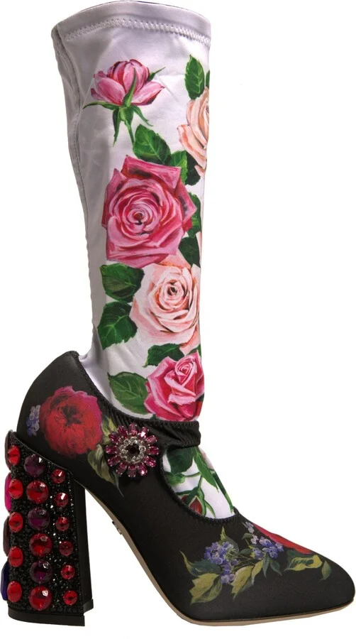 Black Floral Socks Crystal Boots Jersey Women's Shoes