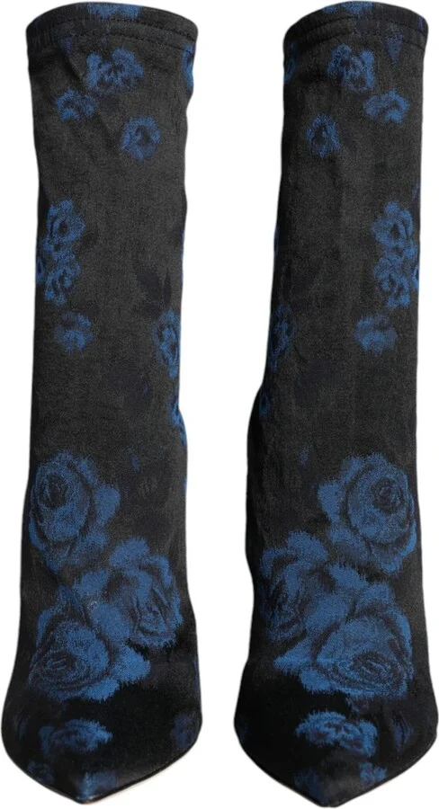 Black Floral Stretch Mid Calf Boots Women's Shoes - Image 2