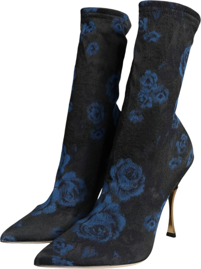 Black Floral Stretch Mid Calf Boots Women's Shoes - Image 3