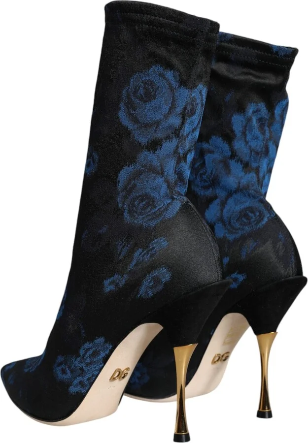 Black Floral Stretch Mid Calf Boots Women's Shoes - Image 4