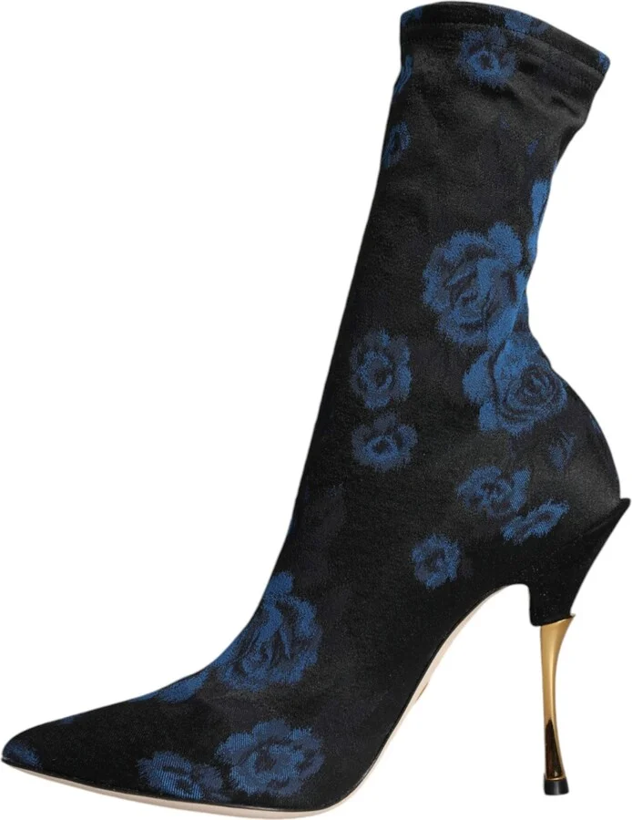 Black Floral Stretch Mid Calf Boots Women's Shoes - Image 5