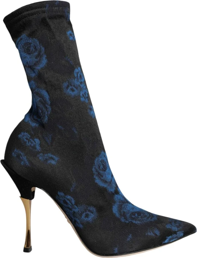 Black Floral Stretch Mid Calf Boots Women's Shoes
