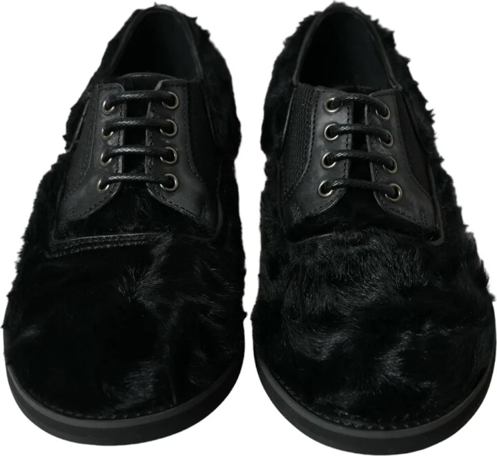 Black Fur Leather Lace Up Derby Dress Men's Shoes - Image 2